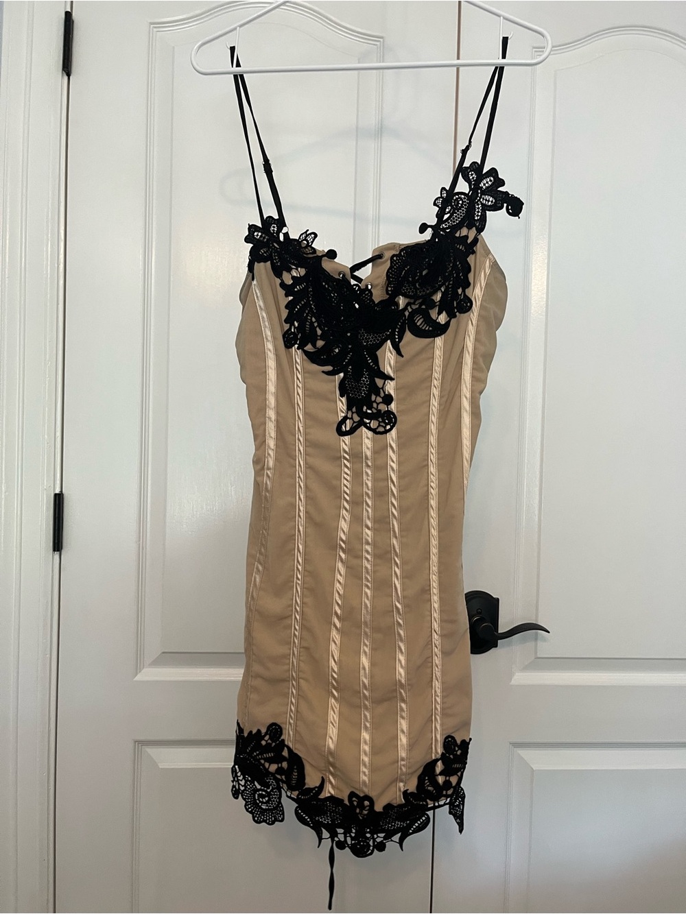 PrettyLittleThing Beige Dress with Black Lace Trim - Mini Slip
